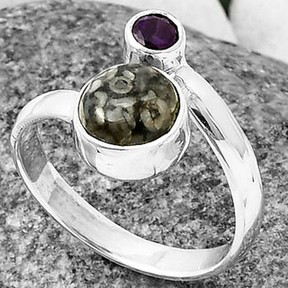 Adjustable - Crinoid Fossil Coral & Amethyst Ring size-8 R-1205 SDR209647