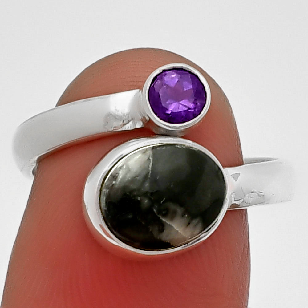 Adjustable - Mexican Cabbing Fossil & Amethyst Ring size-7.5 R-1205 SDR209719