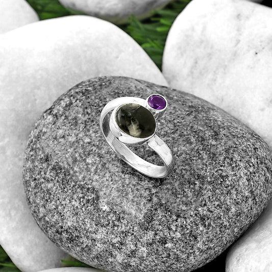 Adjustable - Mexican Cabbing Fossil & Amethyst Ring size-7.5 R-1205 SDR209719