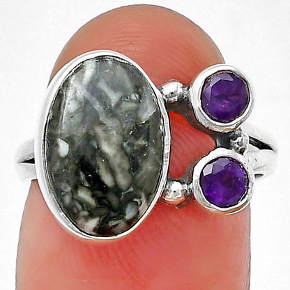 Natural Pinolith Stone & Amethyst Ring size-7 R-1228 SDR212402
