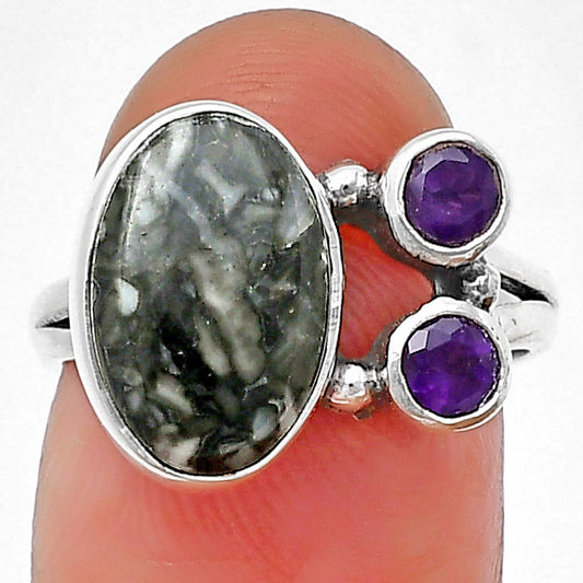 Natural Pinolith Stone & Amethyst Ring size-7 R-1228 SDR212402