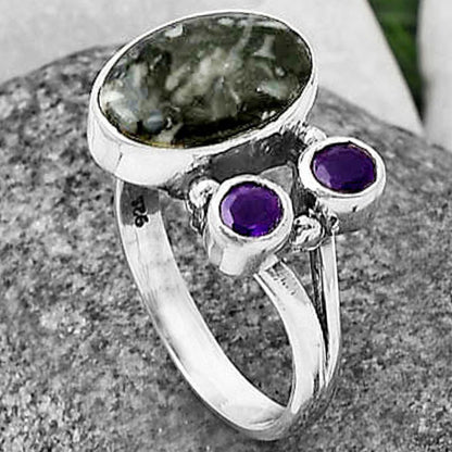 Natural Pinolith Stone & Amethyst Ring size-7 R-1228 SDR212402