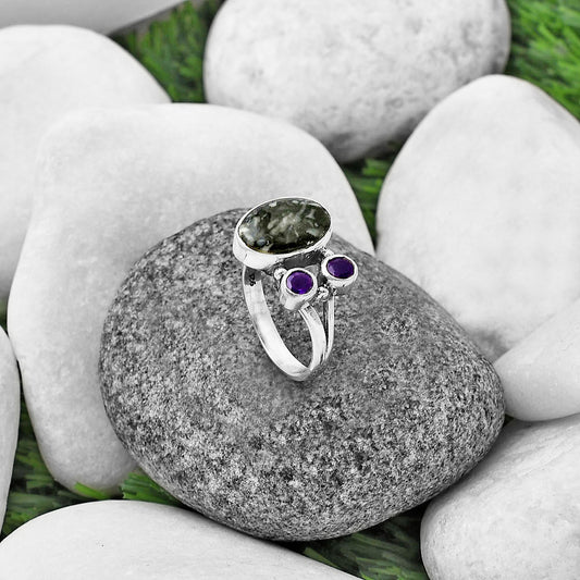 Natural Pinolith Stone & Amethyst Ring size-7 R-1228 SDR212402