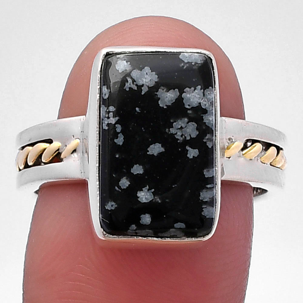 Two Tone - Snow Flake Obsidian Ring size-8 R-1711 SDR220044