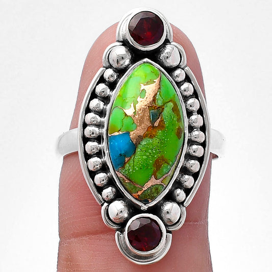 Blue Turquoise In Green Mohave - USA & Garnet Ring size-8 R-1265 SDR222871