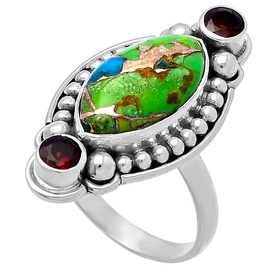 Blue Turquoise In Green Mohave - USA & Garnet Ring size-8 R-1265 SDR222871