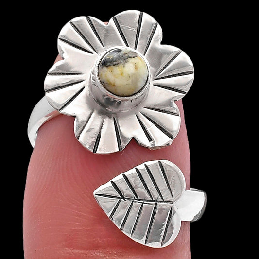 Adjustable Floral - Authentic White Buffalo Turquoise Ring size-8 R-1659 SDR224584