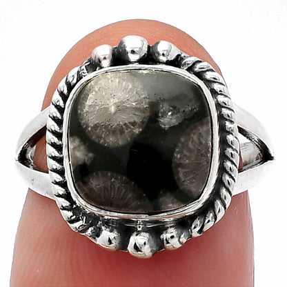 Natural Black Flower Fossil Coral Ring size-6 R-1253 SDR225683
