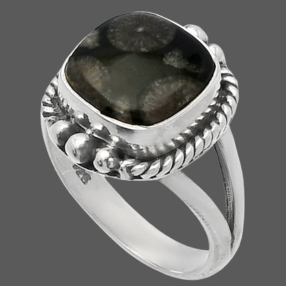 Natural Black Flower Fossil Coral Ring size-6 R-1253 SDR225683