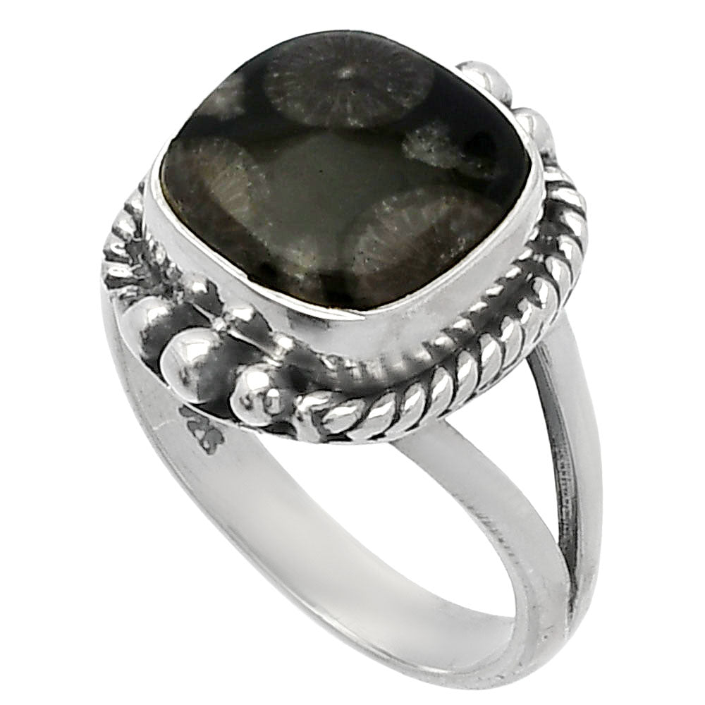 Natural Black Flower Fossil Coral Ring size-6 R-1253 SDR225683