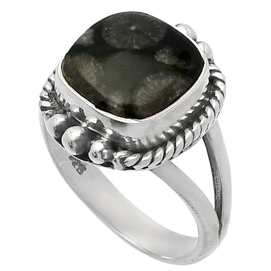 Natural Black Flower Fossil Coral Ring size-6 R-1253 SDR225683