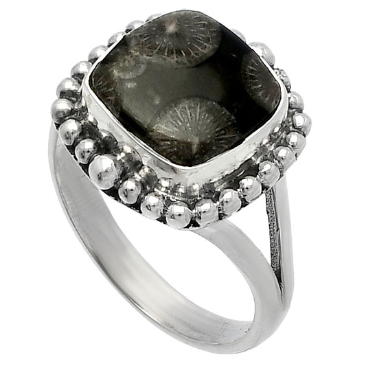 Natural Black Flower Fossil Coral Ring size-8 R-1154 SDR225905