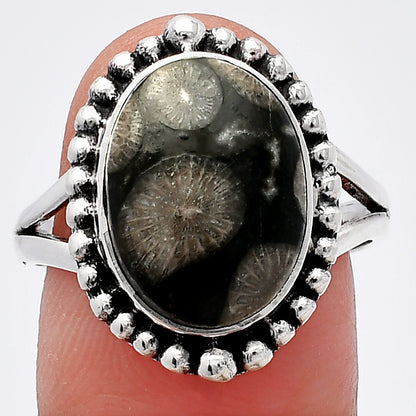 Natural Black Flower Fossil Coral Ring size-9 R-1154 SDR225930