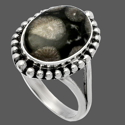 Natural Black Flower Fossil Coral Ring size-9 R-1154 SDR225930