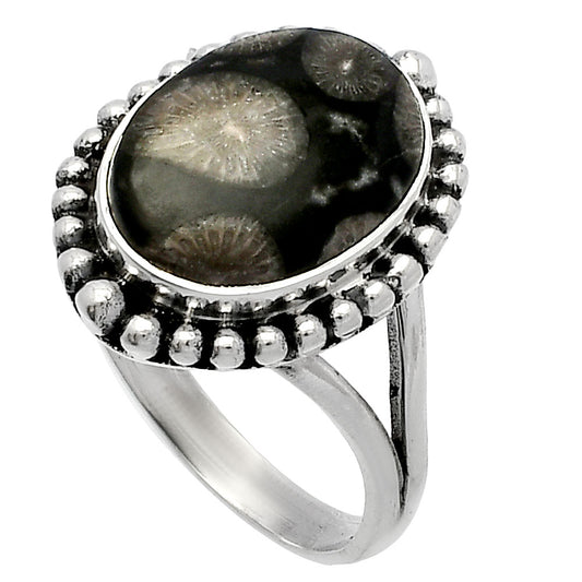 Natural Black Flower Fossil Coral Ring size-9 R-1154 SDR225930