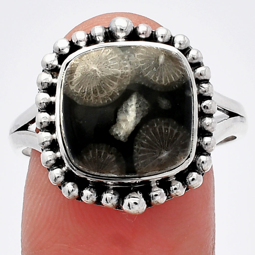 Natural Black Flower Fossil Coral Ring size-9.5 R-1154 SDR225948