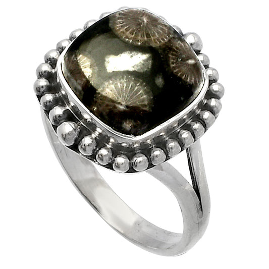 Natural Black Flower Fossil Coral Ring size-9.5 R-1154 SDR225948