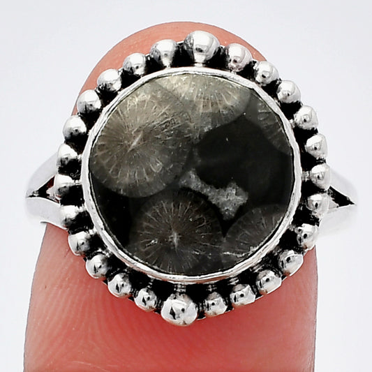 Natural Black Flower Fossil Coral Ring size-8 R-1154 SDR225966