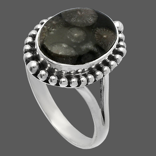 Natural Black Flower Fossil Coral Ring size-9.5 R-1154 SDR226068