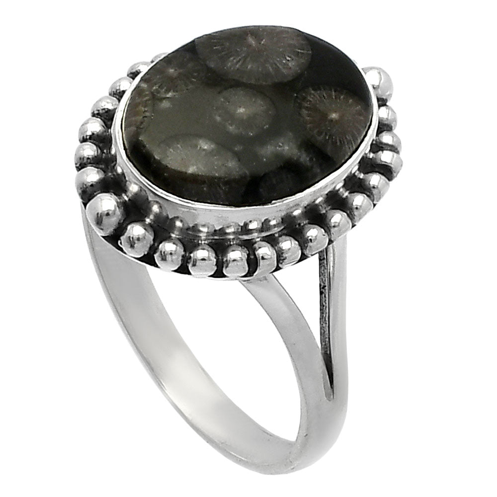 Natural Black Flower Fossil Coral Ring size-9.5 R-1154 SDR226068