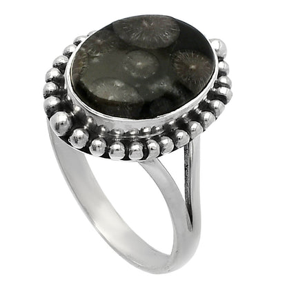Natural Black Flower Fossil Coral Ring size-9.5 R-1154 SDR226068