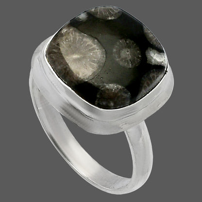 Natural Black Flower Fossil Coral Ring size-8 R-1007 SDR226313