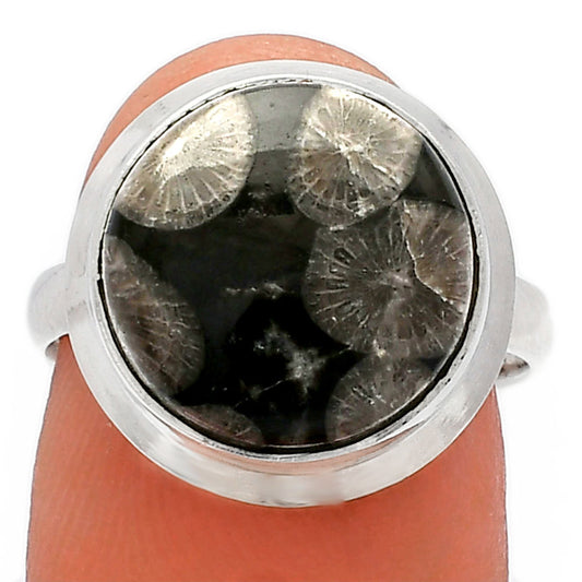 Natural Black Flower Fossil Coral Ring size-7 R-1007 SDR226407