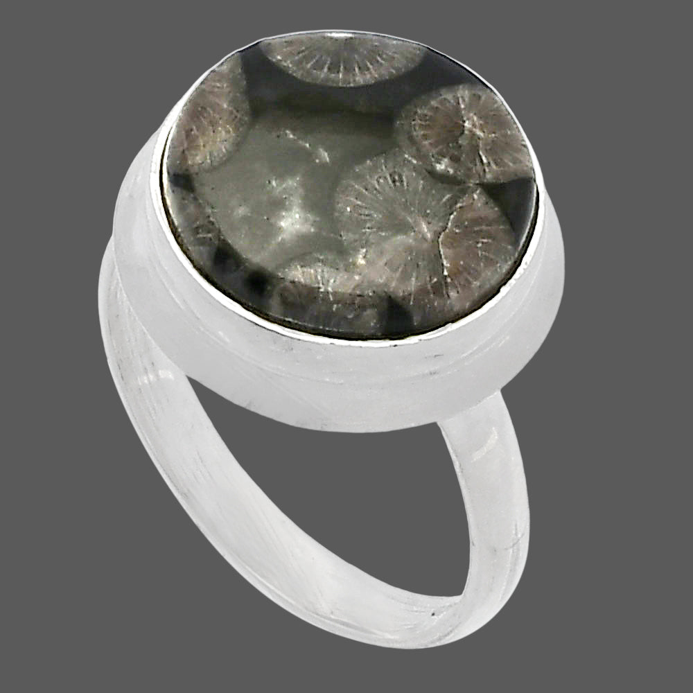 Natural Black Flower Fossil Coral Ring size-7 R-1007 SDR226407