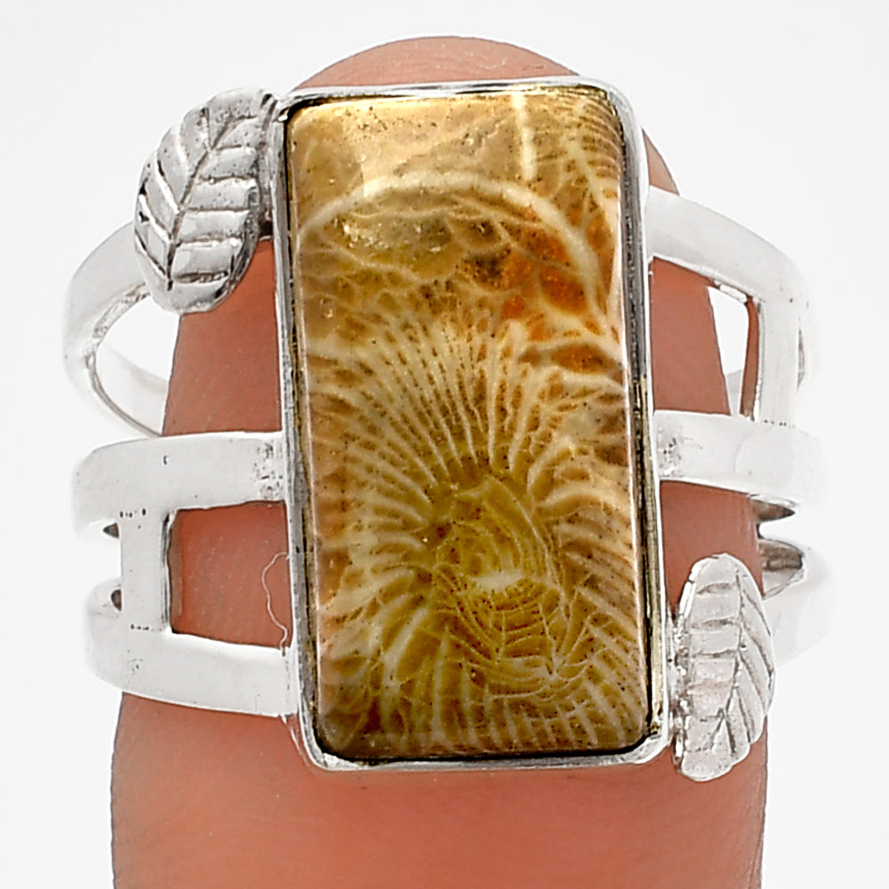 Natural Flower Fossil Coral Ring size-8.5 R-1400 SDR227728