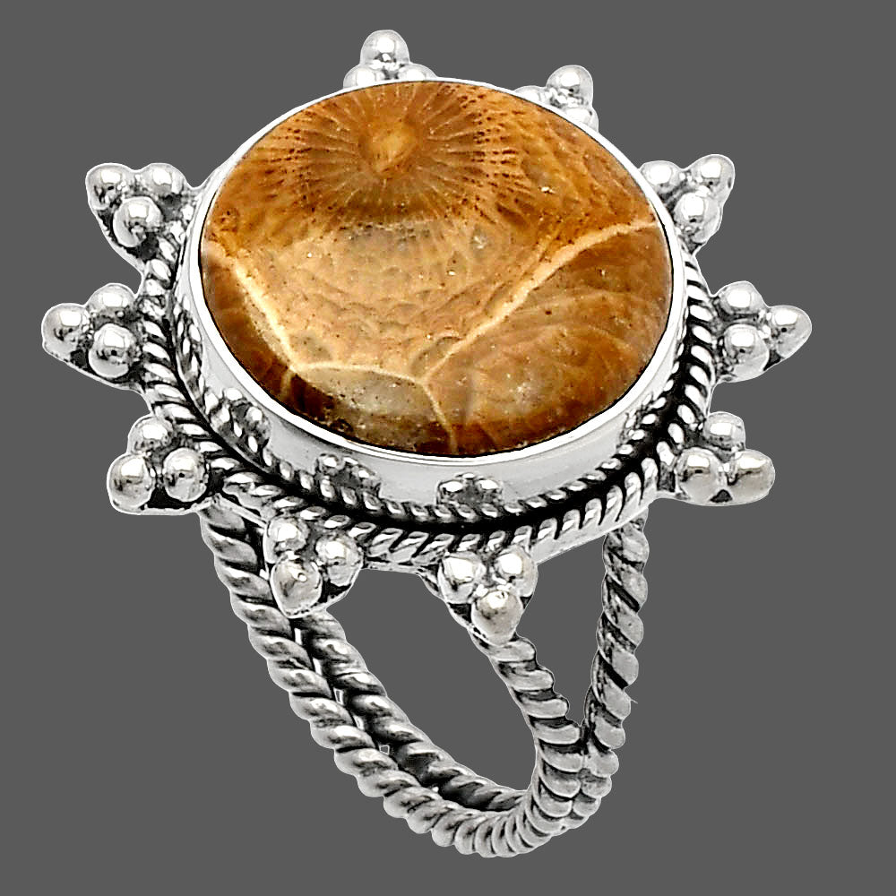 Natural Flower Fossil Coral Ring size-9 R-1234 SDR228517