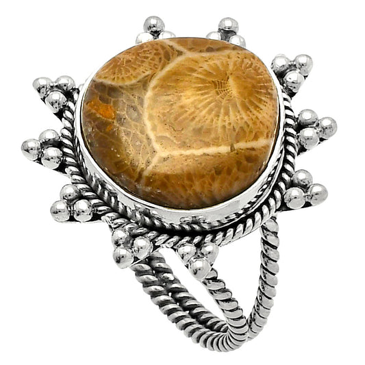 Natural Flower Fossil Coral Ring size-8 R-1234 SDR228604