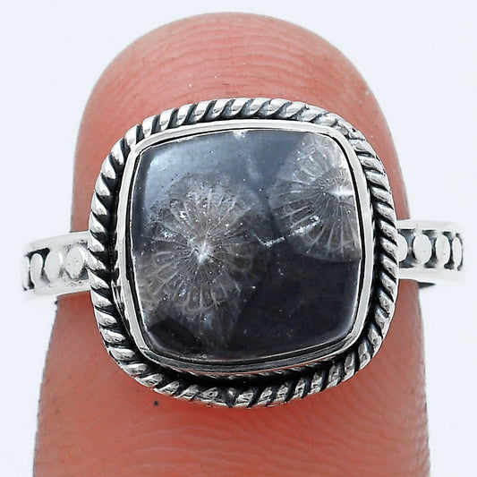 Natural Black Flower Fossil Coral Ring size-7 R-1066 SDR229269