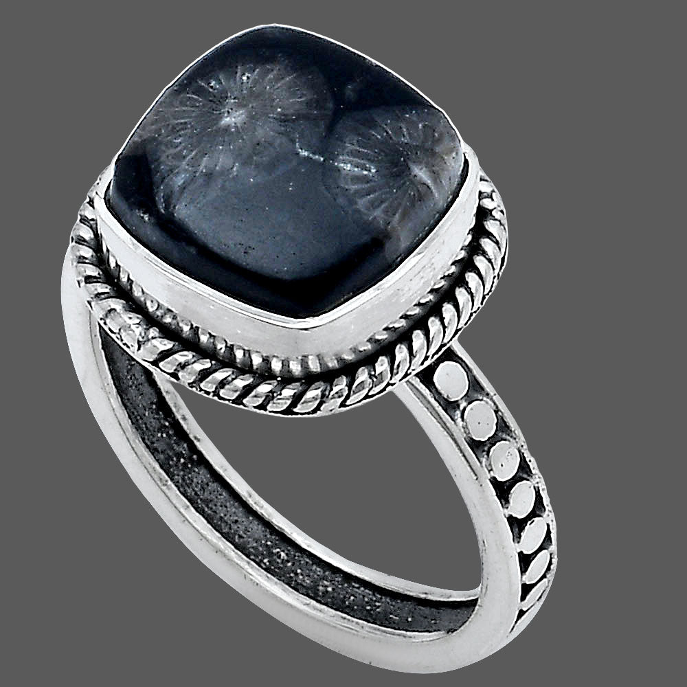 Natural Black Flower Fossil Coral Ring size-7 R-1066 SDR229269