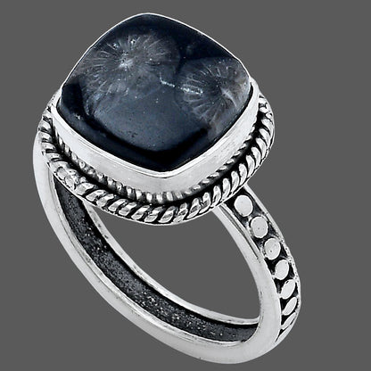 Natural Black Flower Fossil Coral Ring size-7 R-1066 SDR229269