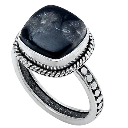 Natural Black Flower Fossil Coral Ring size-7 R-1066 SDR229269
