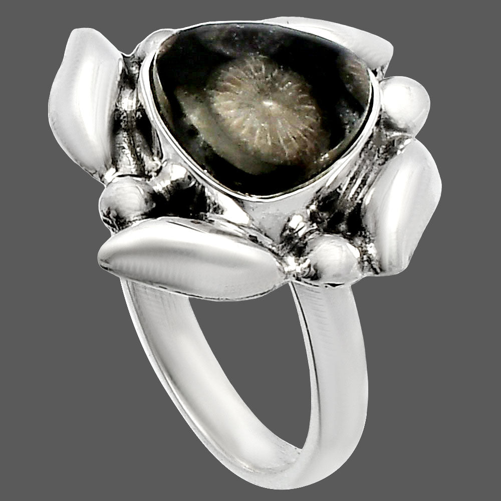 Natural Black Flower Fossil Coral Ring size-7 R-1125 SDR229592