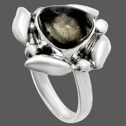 Natural Black Flower Fossil Coral Ring size-7 R-1125 SDR229592