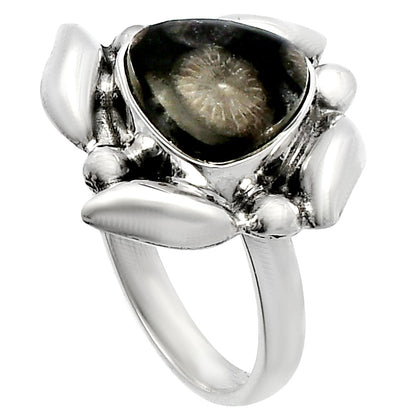Natural Black Flower Fossil Coral Ring size-7 R-1125 SDR229592