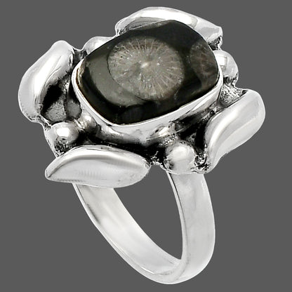 Natural Black Flower Fossil Coral Ring size-8 R-1125 SDR229617