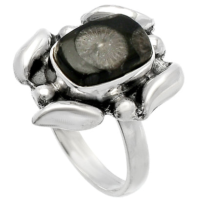Natural Black Flower Fossil Coral Ring size-8 R-1125 SDR229617