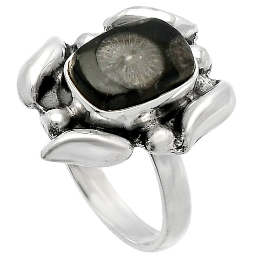 Natural Black Flower Fossil Coral Ring size-8 R-1125 SDR229617