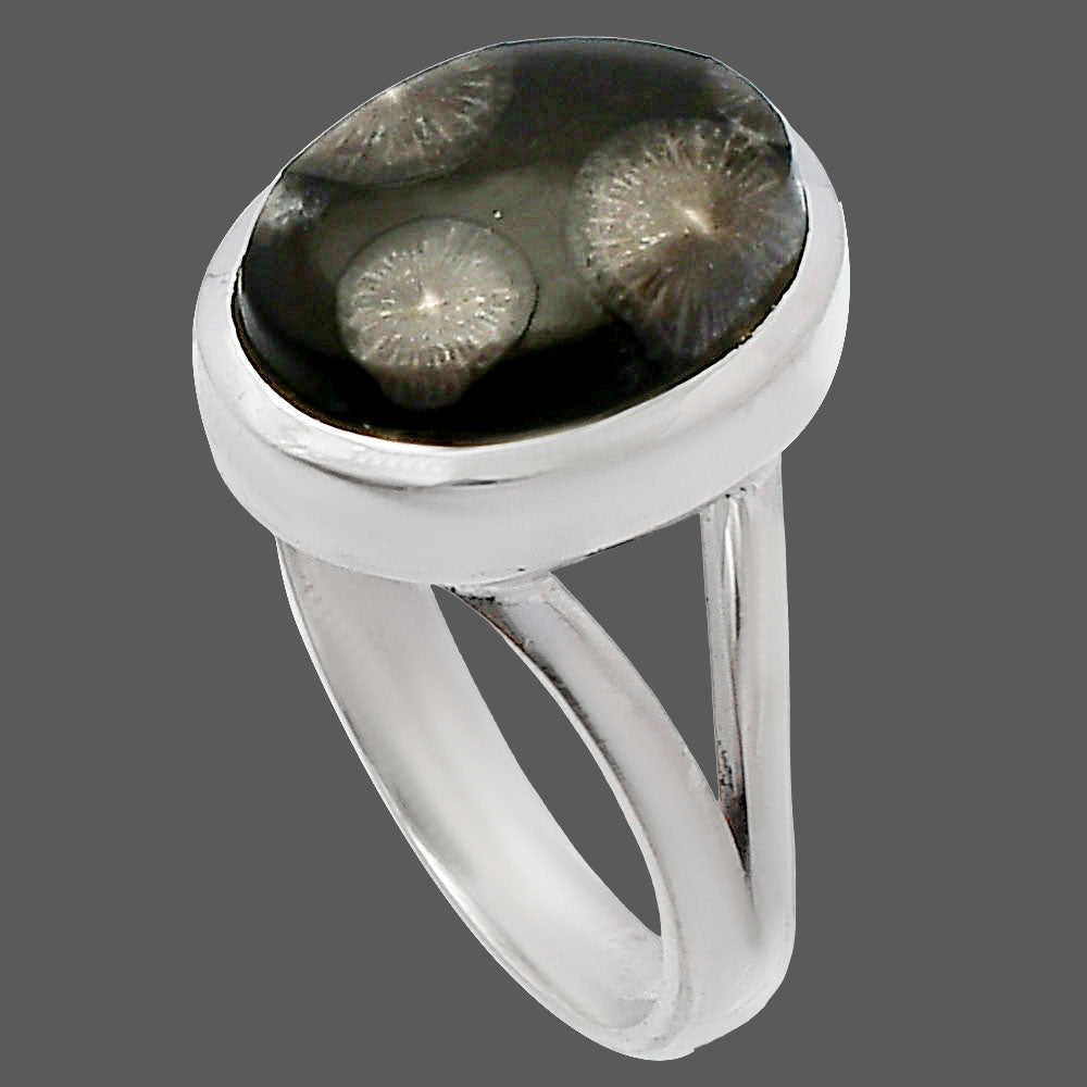 Natural Black Flower Fossil Coral Ring size-7 R-1005 SDR230377