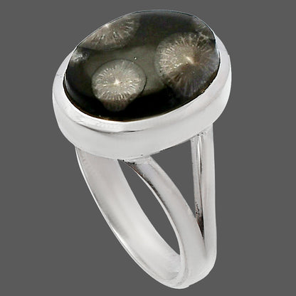 Natural Black Flower Fossil Coral Ring size-7 R-1005 SDR230377