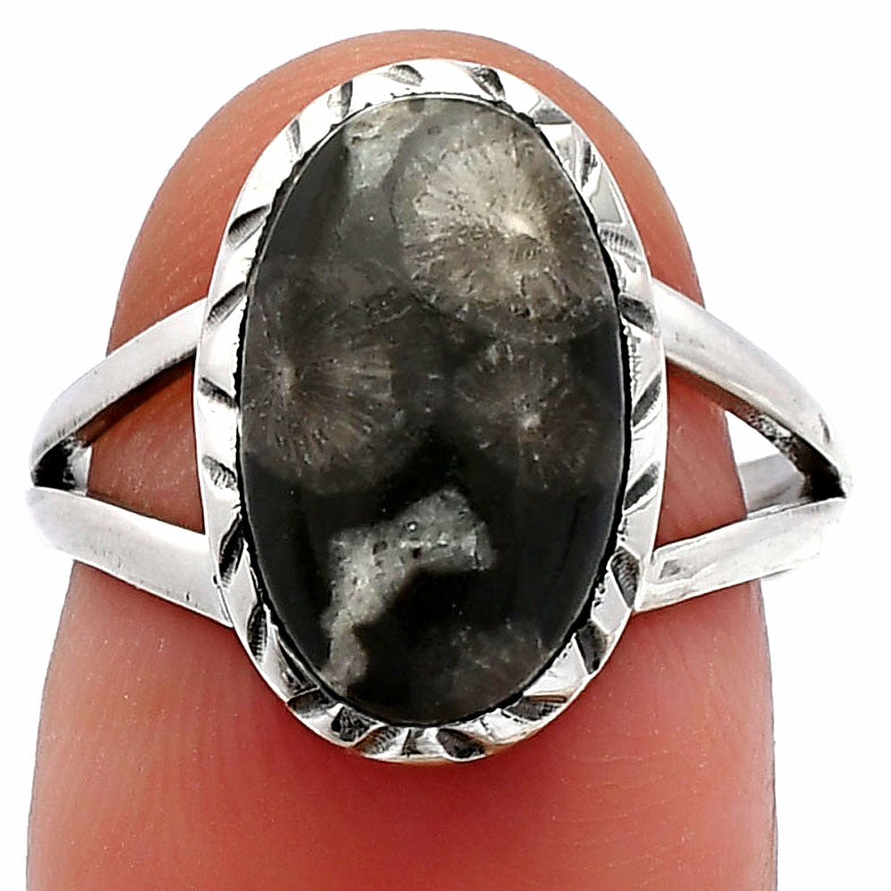 Natural Black Flower Fossil Coral Ring size-6.5 R-1074 SDR230714