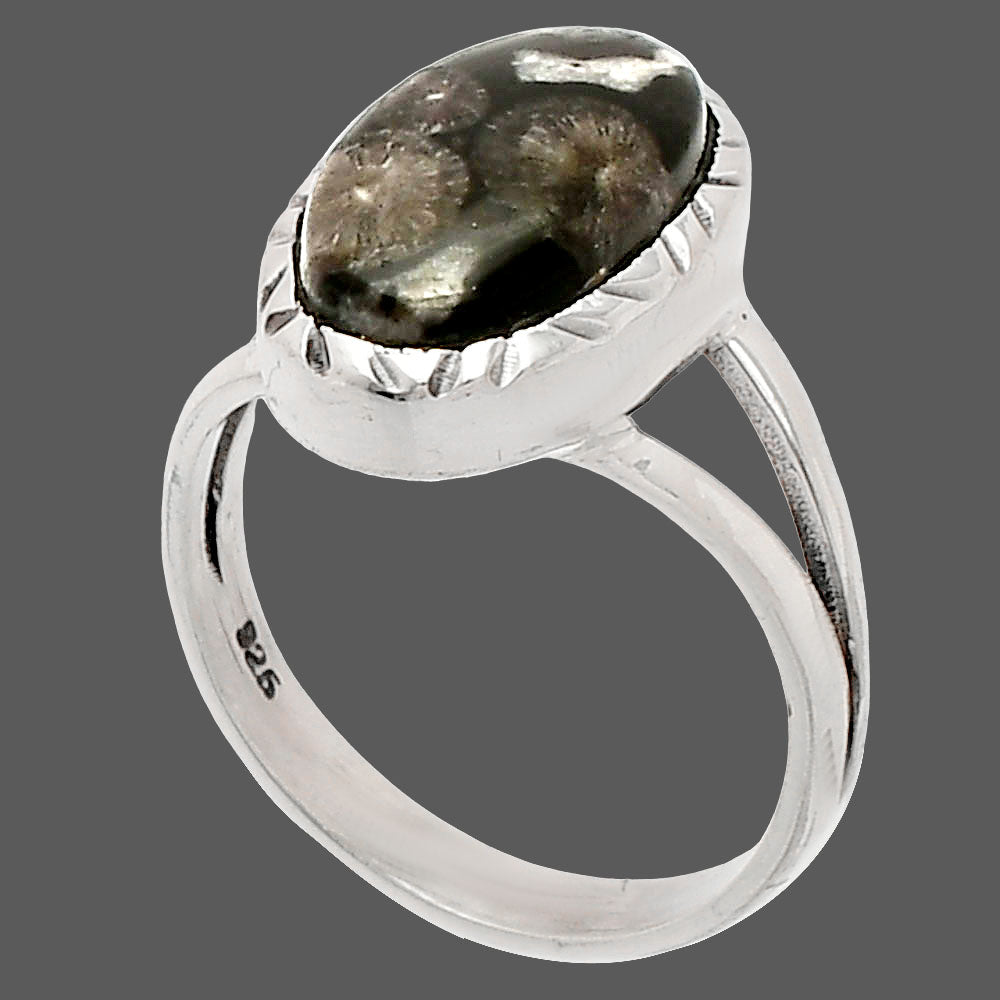 Natural Black Flower Fossil Coral Ring size-6.5 R-1074 SDR230714