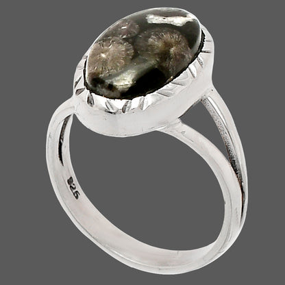 Natural Black Flower Fossil Coral Ring size-6.5 R-1074 SDR230714