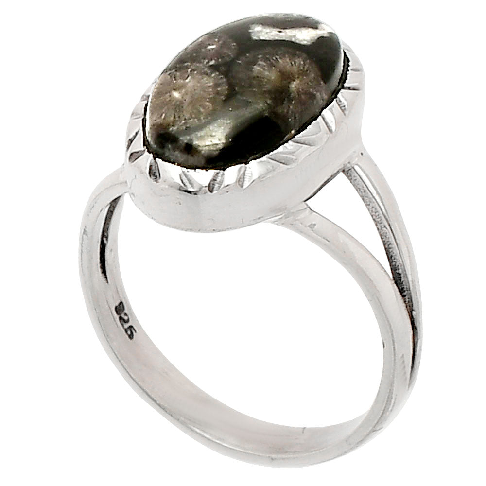 Natural Black Flower Fossil Coral Ring size-6.5 R-1074 SDR230714