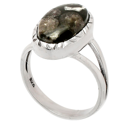 Natural Black Flower Fossil Coral Ring size-6.5 R-1074 SDR230714