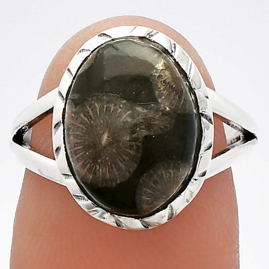 Natural Black Flower Fossil Coral Ring size-6.5 R-1074 SDR230878