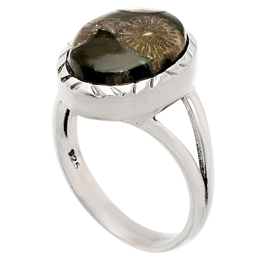 Natural Black Flower Fossil Coral Ring size-6.5 R-1074 SDR230878